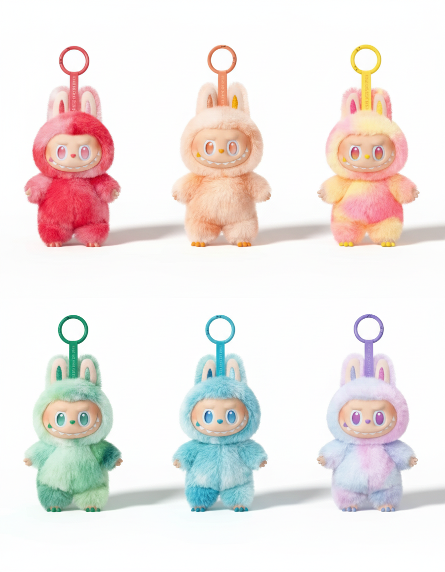 Collection Labubu porte-clés sur fond blanc avec ombres