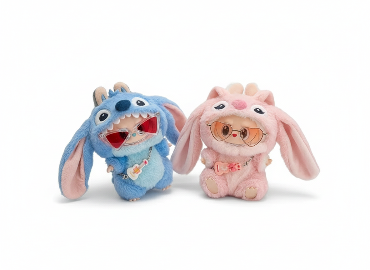 Deux mascottes Labubu bleue et rose sur fond blanc avec ombres