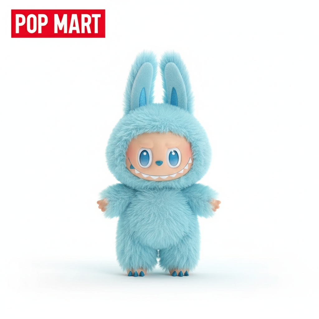 Labubu bleue avec logo Pop Mart sur fond blanc
