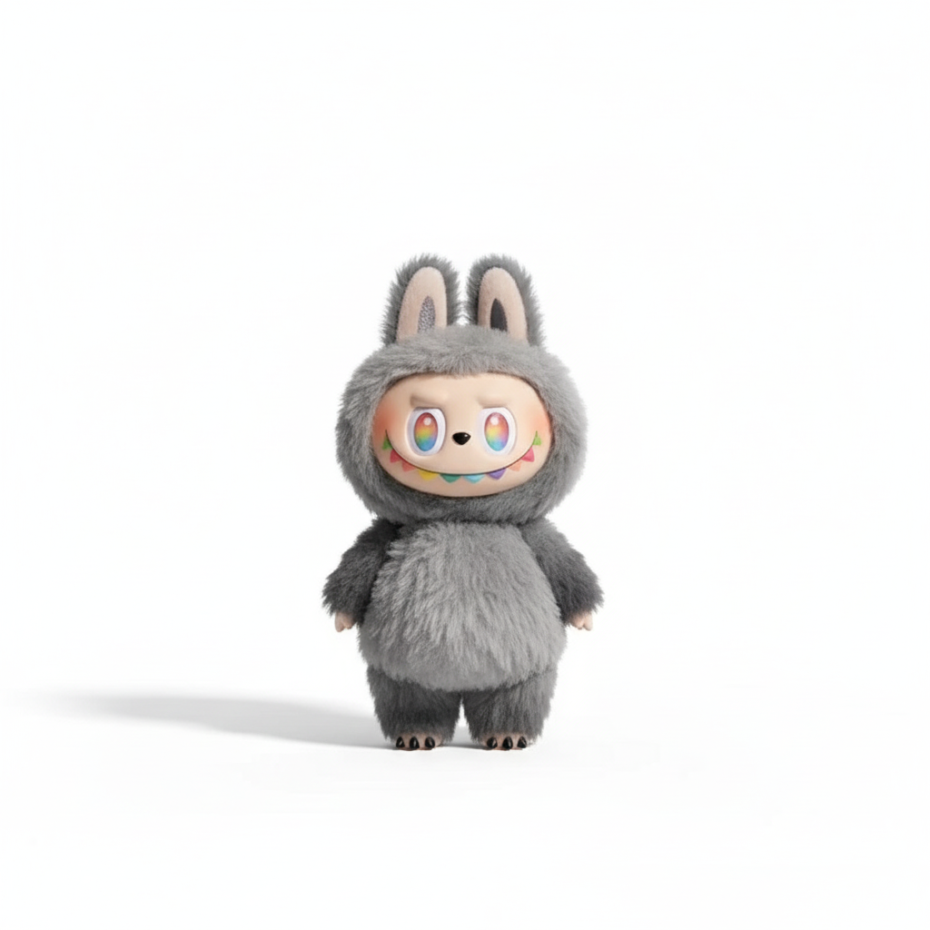 Labubu grise avec fond blanc et ombre