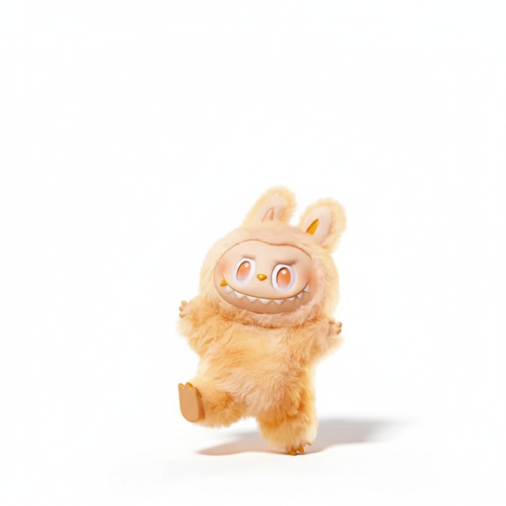 Labubu jaune-dorée avec geste sur fond blanc et ombre