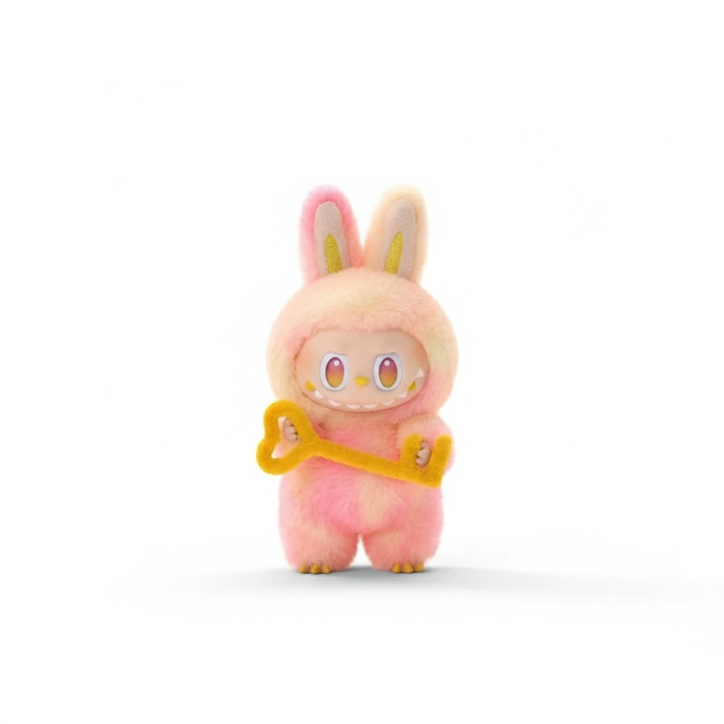 Labubu rose avec accessoire jaune sur fond blanc et ombre