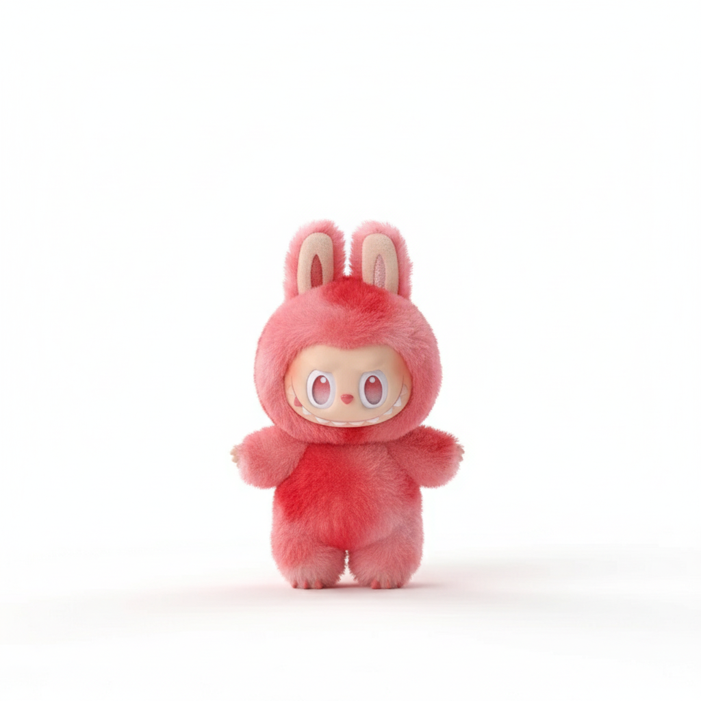 Labubu rose-rouge avec fond blanc et ombre