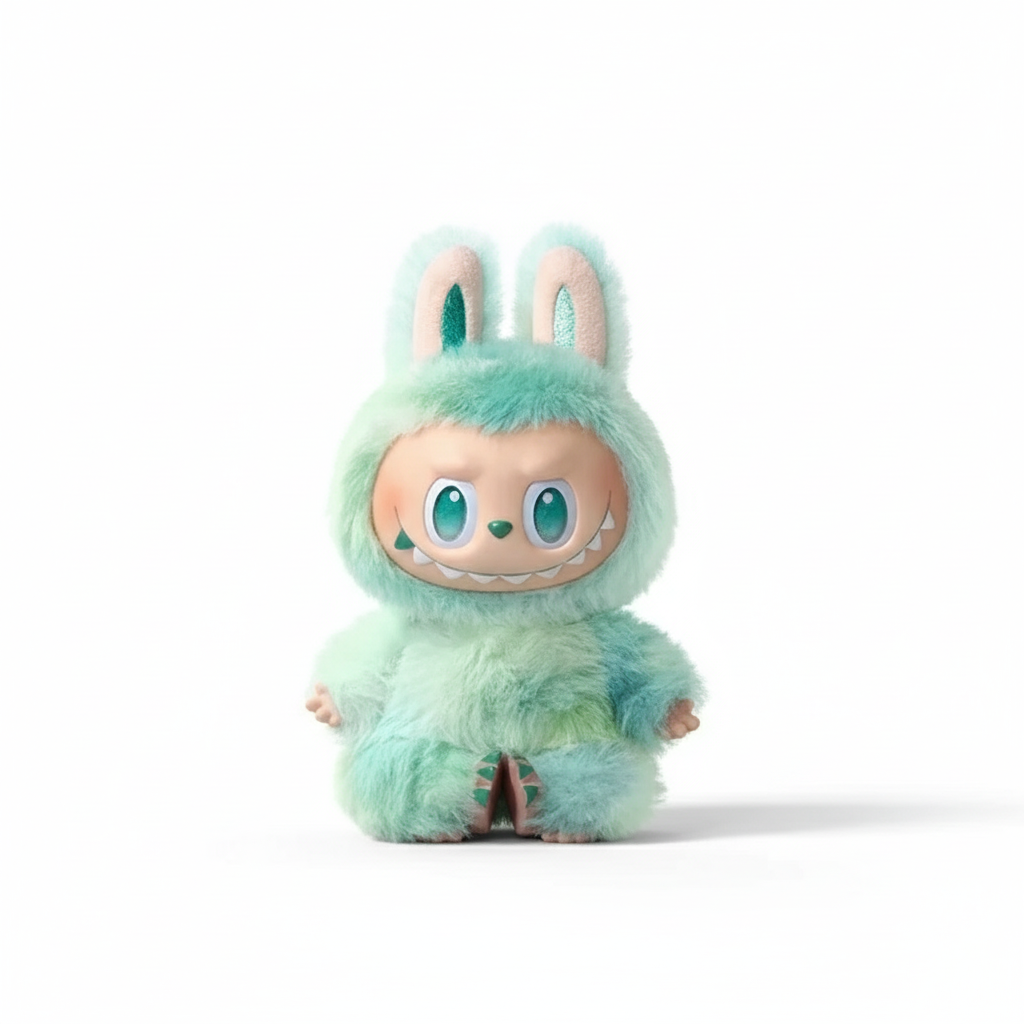 Labubu verte seule avec fond blanc et ombre