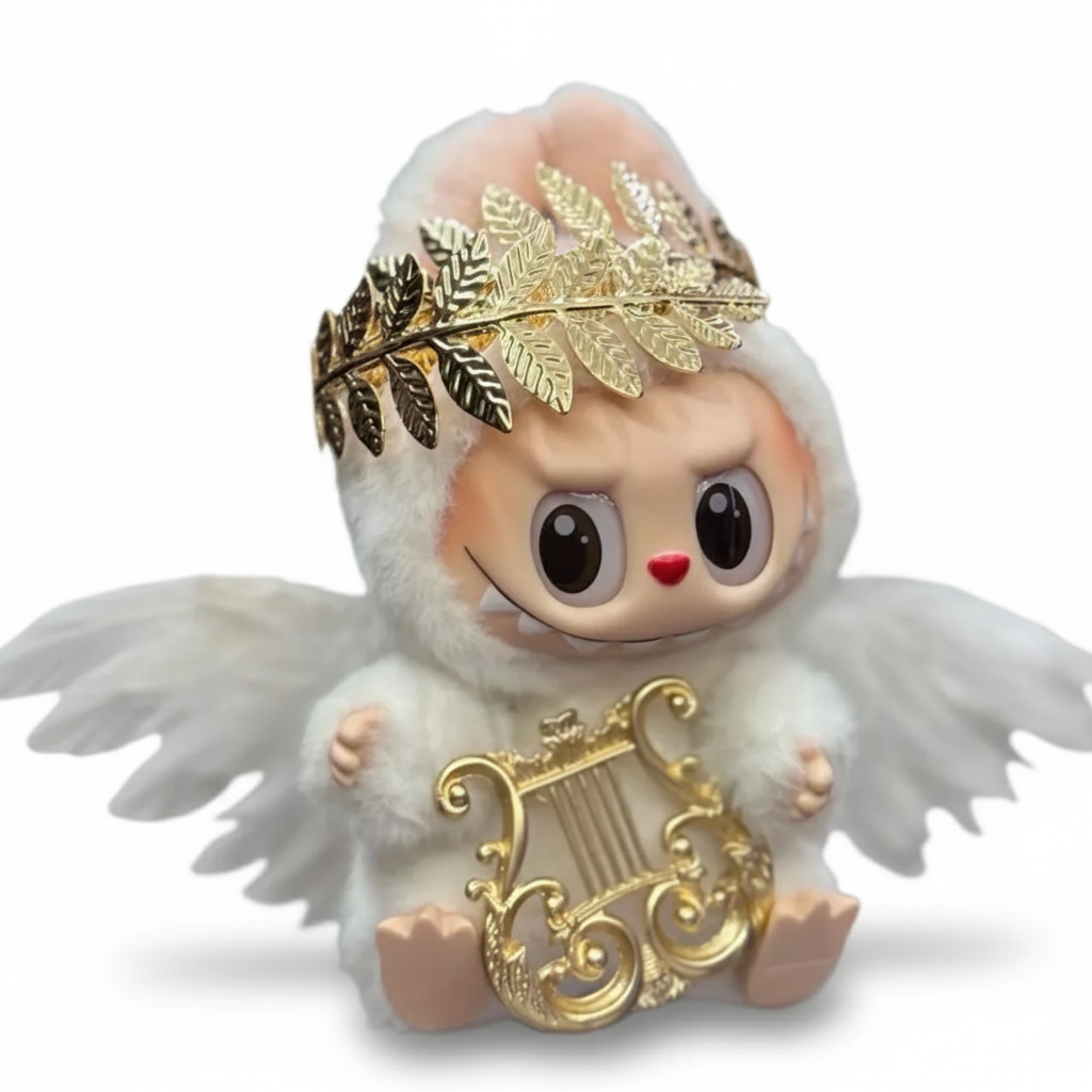 Mascotte Labubu ange sur fond blanc avec ombre