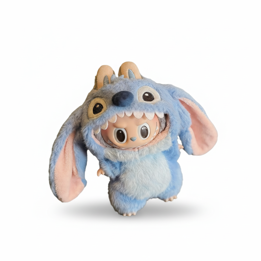 Mascotte Labubu en costume de Stitch sur fond blanc avec ombre