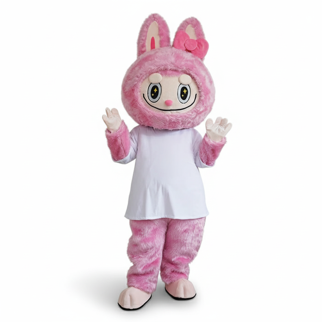 Mascotte Labubu en robe blanche avec les deux mains levées