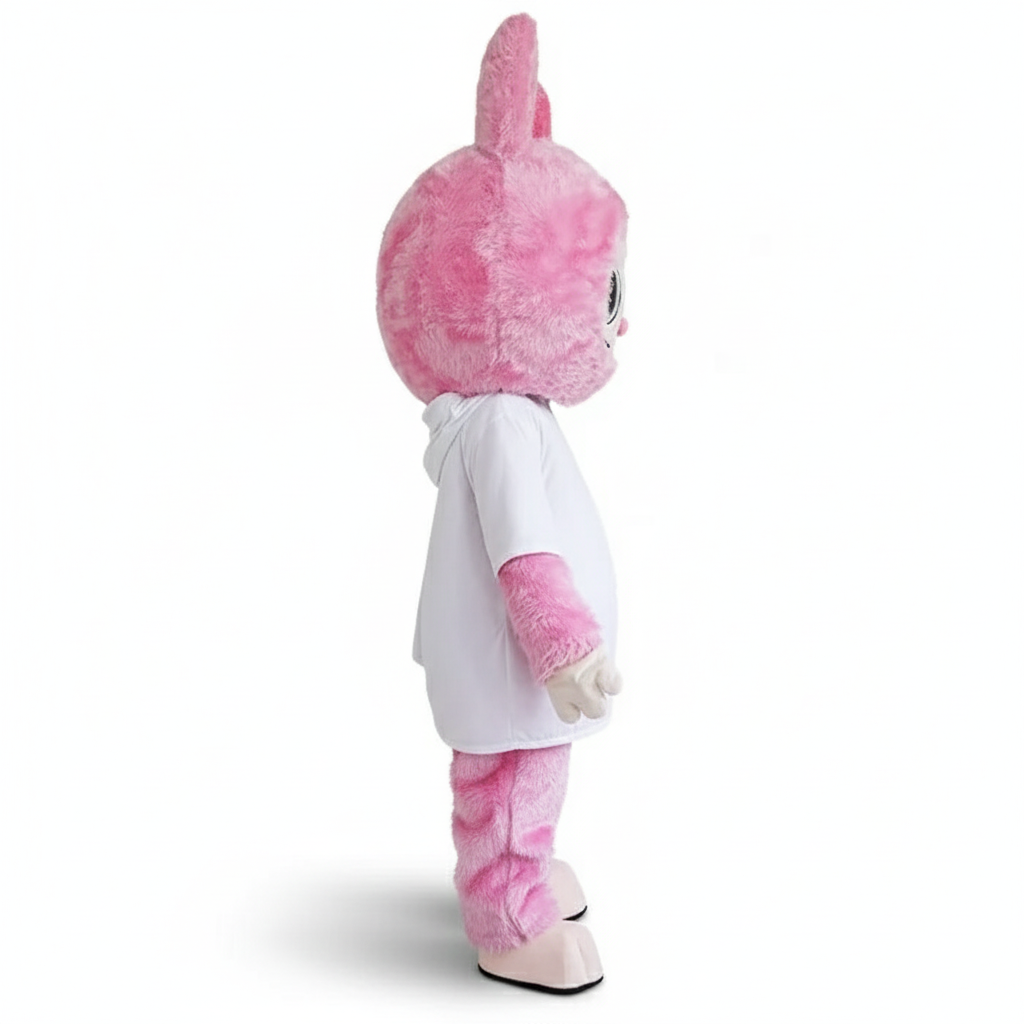 Mascotte Labubu vue de profil en robe blanche