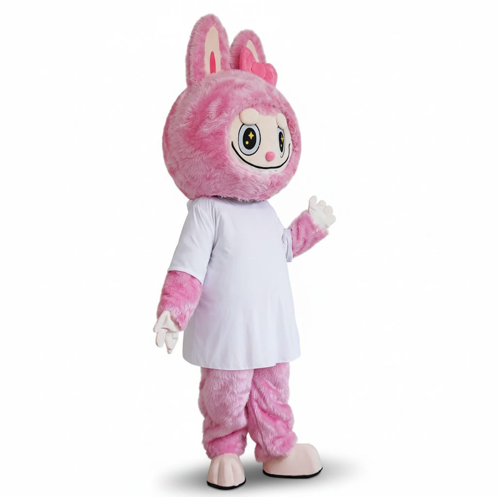 Mascotte Labubu vue trois-quarts en robe blanche