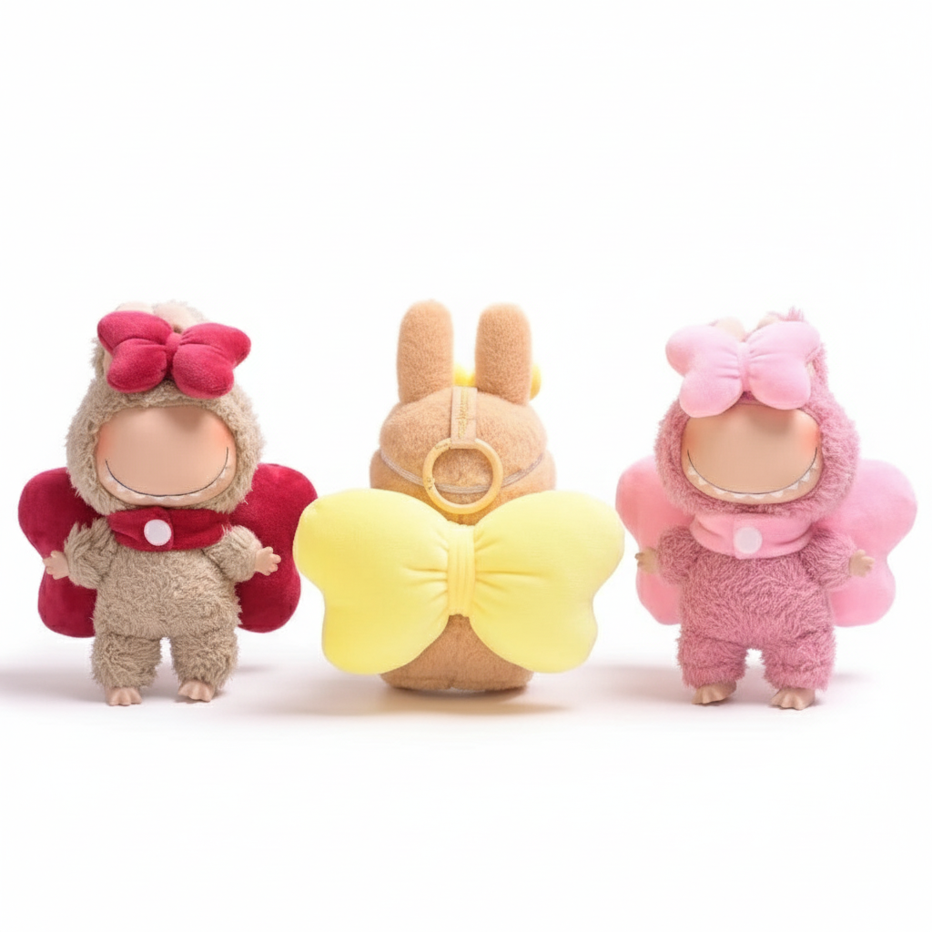 Trois petites mascottes Labubu sur fond blanc avec ombres
